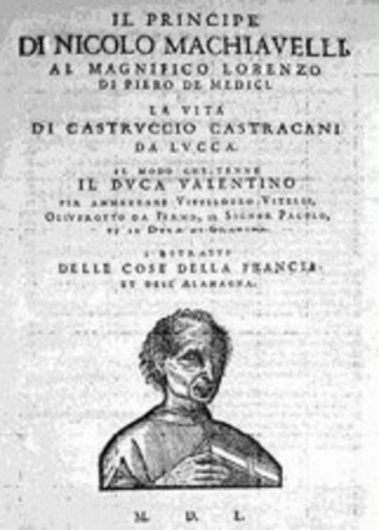 Cover of the 1550 edition of Machiavelli's Il Principe and La Vita di Castruccio Castracani da Lucca via wiki commons